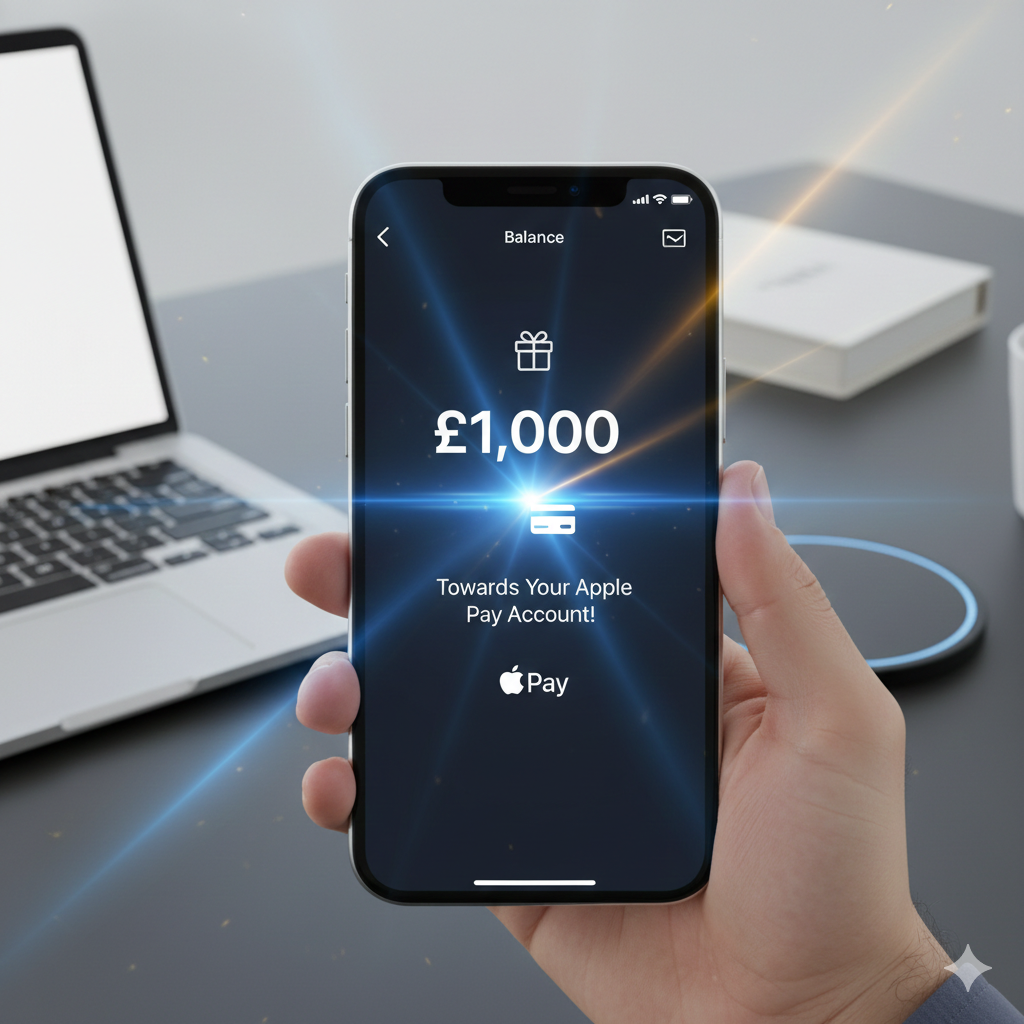 iPhone screen showing 1000 GBP credit balance for Apple Pay account